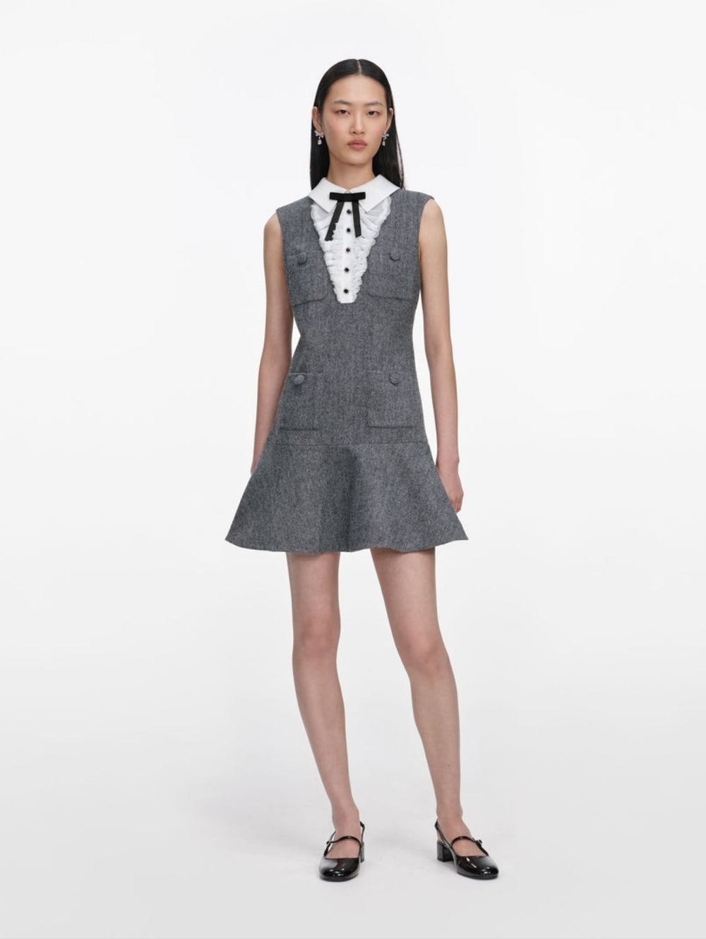 SELF-PORTRAIT Grey Herringbone Lace Bib Mini Dress